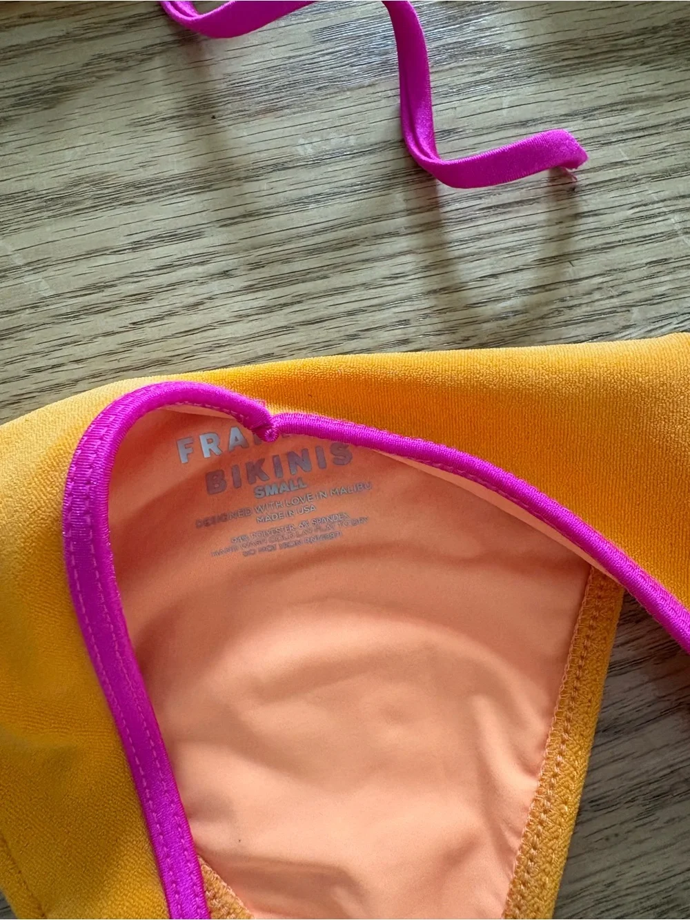 Frankie's Bikinis Orange Triangle Bikini with Pink Trim